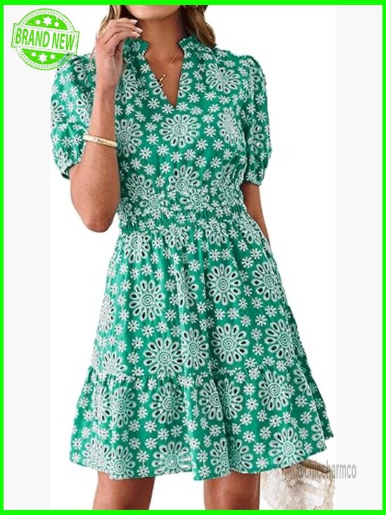 Dresses & Skirts - Women's Eyelet Lace Mini Dress V-Neck Puff Sleeve Boho